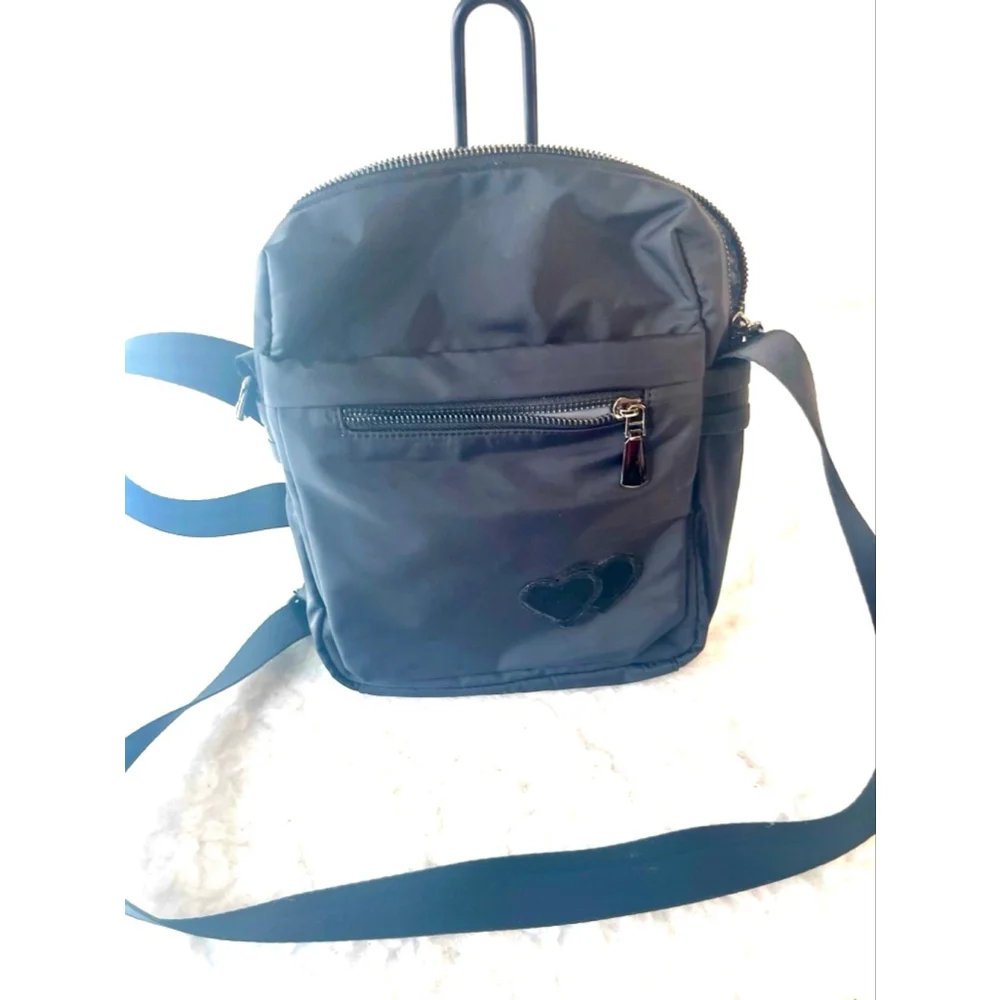 ZZINNA black nylon crossbody bag with two heart appliqués for men and women